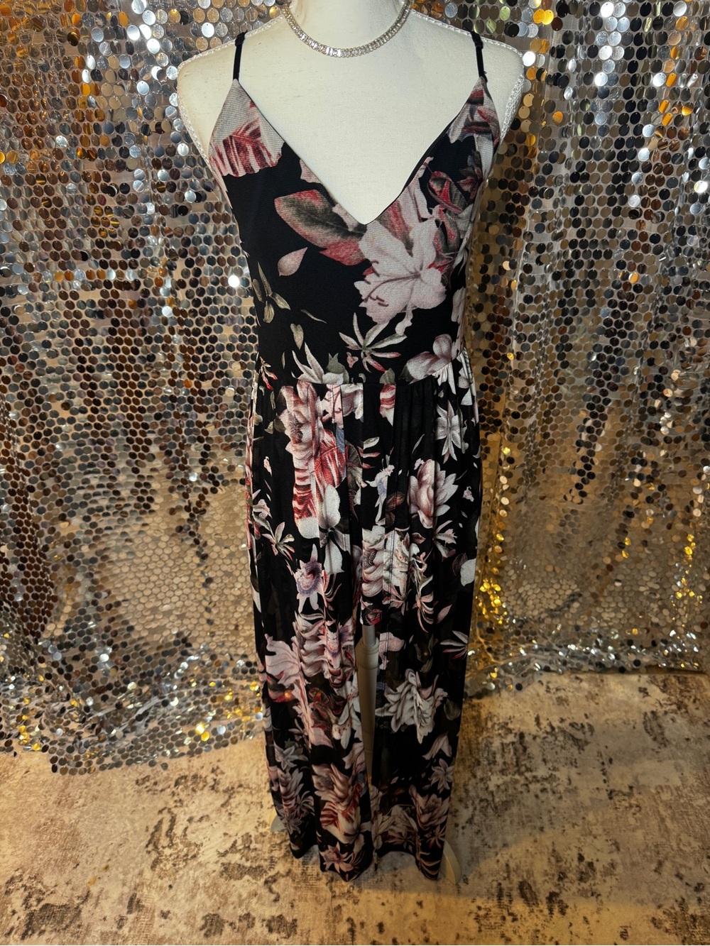 Charlotte Russe Black Floral Maxi Dress with Pink and White Flowers
